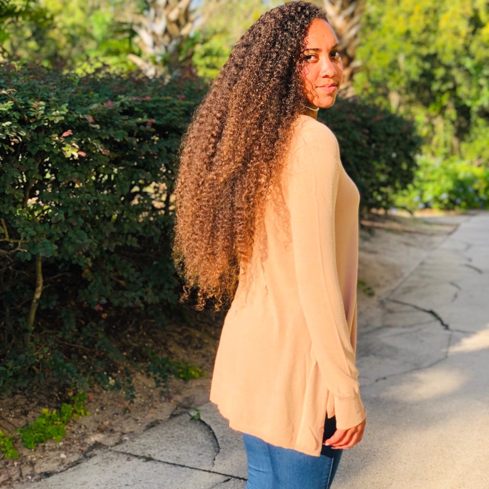 Sand taupe knit v-neck long sleeve loose fit top